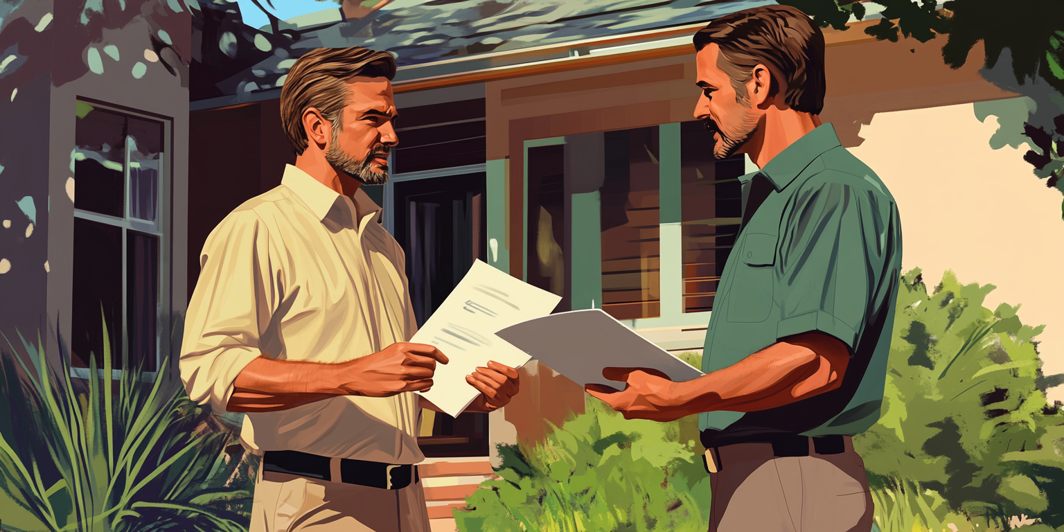 Two men exchanging documents in front of a house. - windy city home buyer