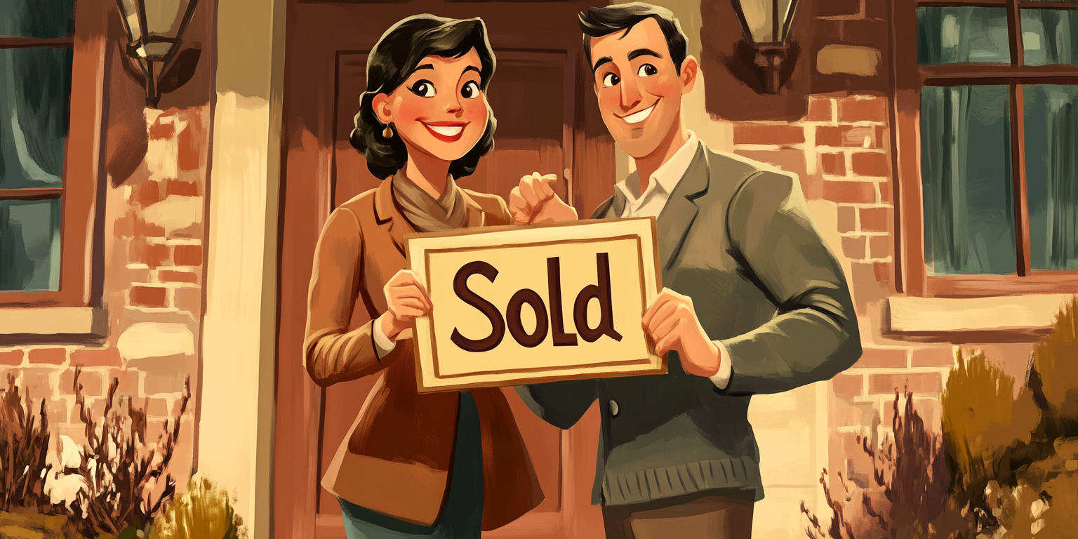 Happy couple holding a 'Sold' sign.
