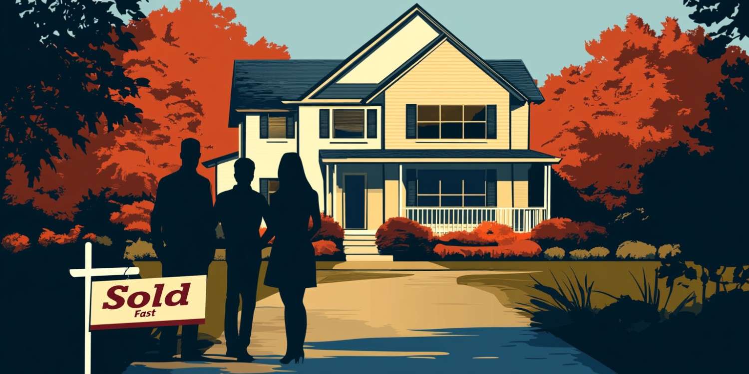 Stylized illustration of a sold house with autumn trees and two figures in front. - - Windy City Home Buyer